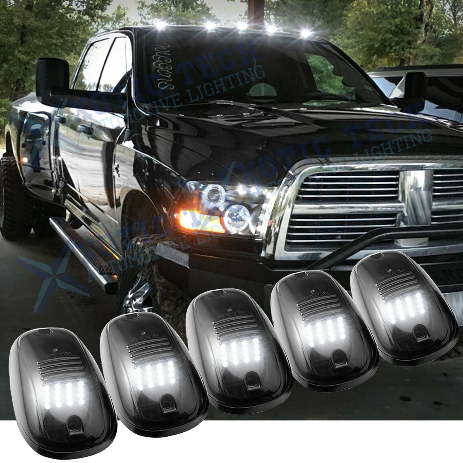 5pcs Cab Roof Clearance Marker Lamps Roof Running Light Smoked Lens White LED For Dodge RAM 1500 2500 3500 Ford F-Series Chevy/GMC Trucks 